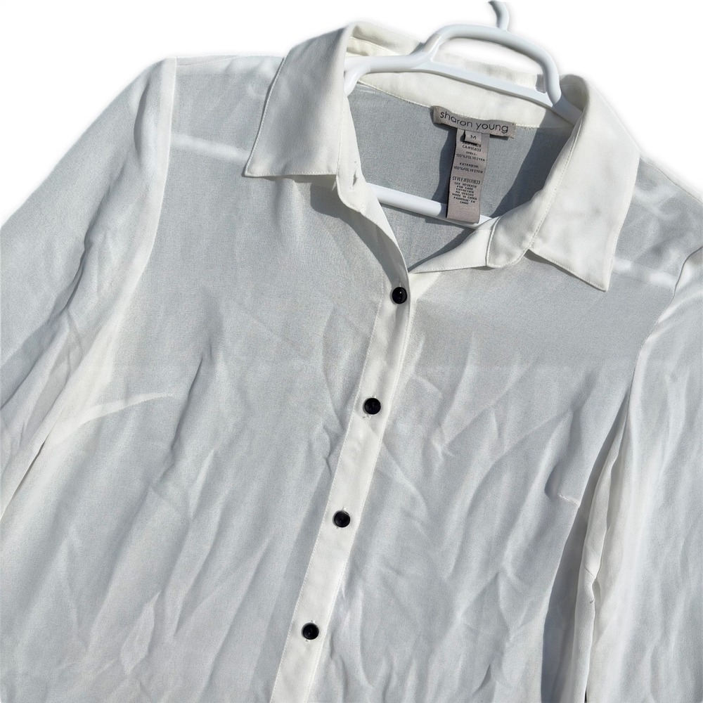 Sharon Young Button Up Shirt Womens M White Sheer Long Sleeve Top Minimalist